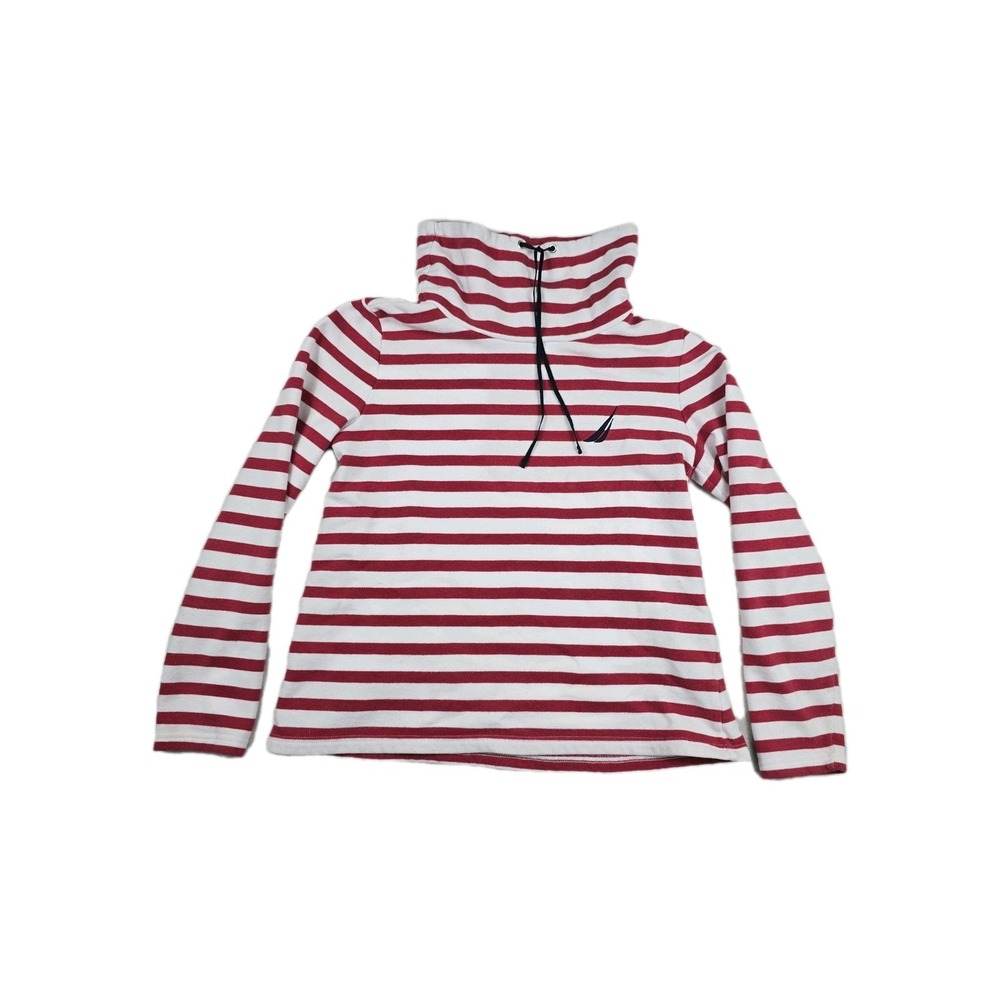 Nautica Womens Red White Striped Funnel Neck Fleece Sweatshirt Size Medium